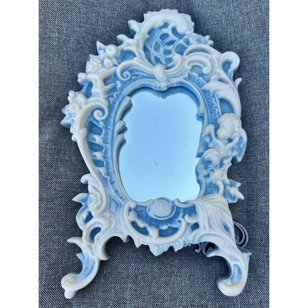 Antique Handcrafted INCOLAY Stone Framed MIRROR Blue Cream Cherub Victorian